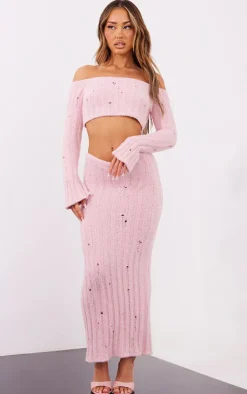 Sale PrettyLittleThing Petite Distressed Rib Knit Maxi Skirt Baby Pink