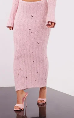Sale PrettyLittleThing Petite Distressed Rib Knit Maxi Skirt Baby Pink