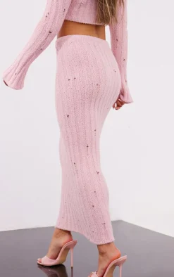 Sale PrettyLittleThing Petite Distressed Rib Knit Maxi Skirt Baby Pink