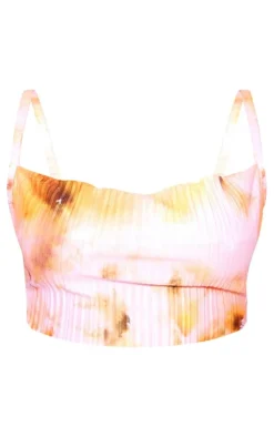 Hot PrettyLittleThing Petite Floral Print Plisse Strappy Cowl Neck Top Baby Pink