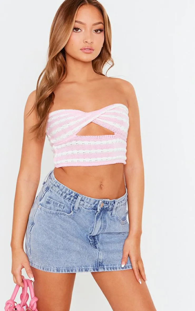 PrettyLittleThing Tube Tops*Petite Knit Twist Front Stripe Crop Top