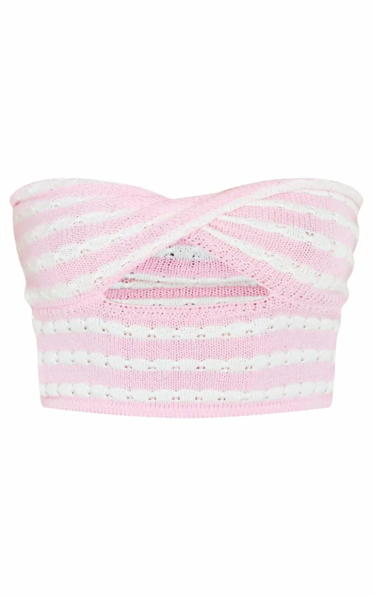 PrettyLittleThing Tube Tops*Petite Knit Twist Front Stripe Crop Top