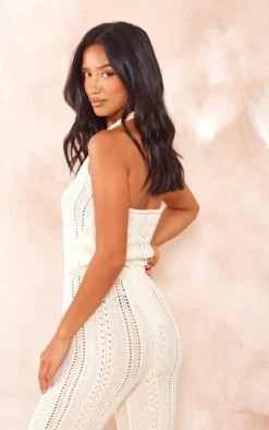 Hot PrettyLittleThing Petite Crochet Ring Detail Crop Top Beige