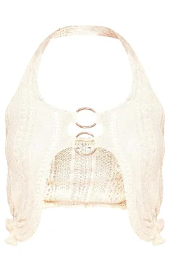 Hot PrettyLittleThing Petite Crochet Ring Detail Crop Top Beige