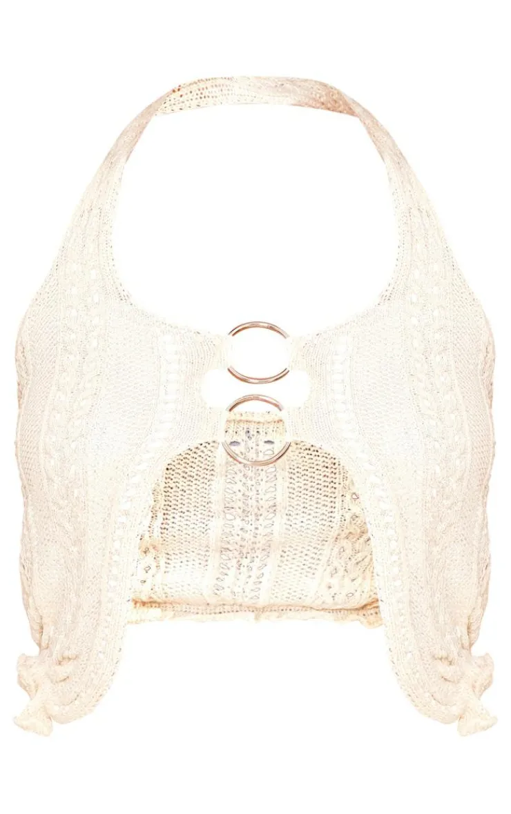 Hot PrettyLittleThing Petite Crochet Ring Detail Crop Top Beige