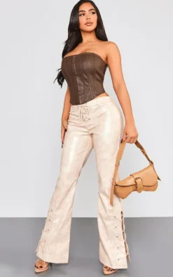 Petite Beige Faux Leather Lace Up Straight Leg Pants