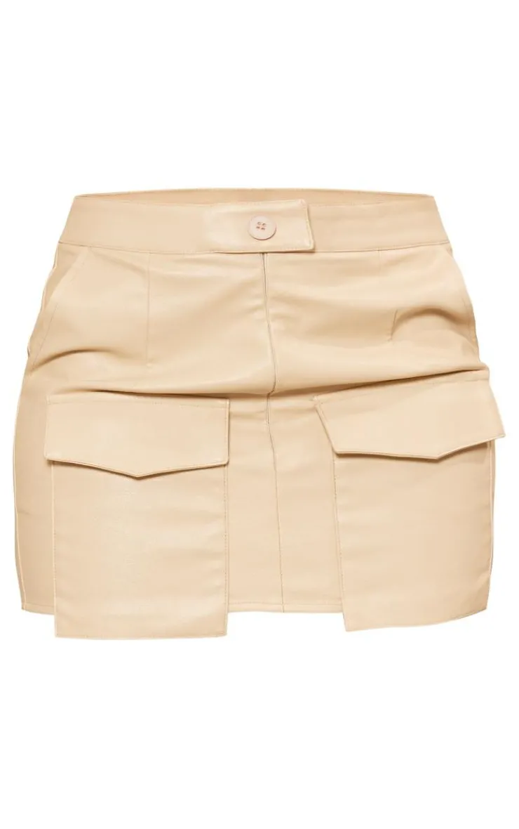 Best PrettyLittleThing Petite Faux Leather Pocket Detail Mini Skirt Beige