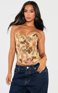 PrettyLittleThing Sleeveless Tops*Petite Floral Jacquard Hook And Eye Corset