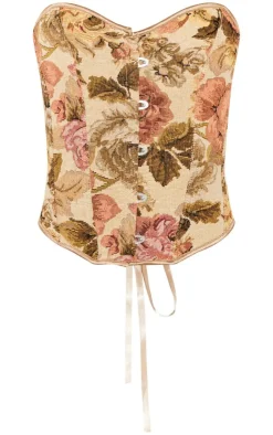 PrettyLittleThing Sleeveless Tops*Petite Floral Jacquard Hook And Eye Corset