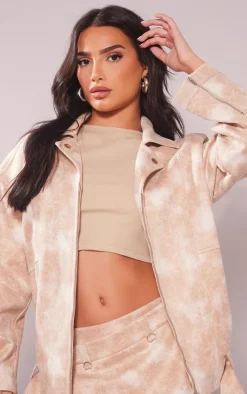 Hot PrettyLittleThing Petite Washed Aviator Jacket Beige