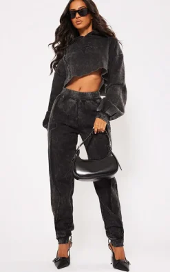 PrettyLittleThing Black Sweatsuits*Petite Acid Wash Seam Detail Cuffed Sweatpants