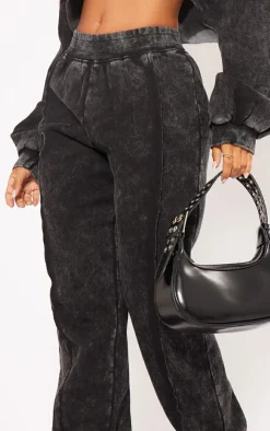PrettyLittleThing Black Sweatsuits*Petite Acid Wash Seam Detail Cuffed Sweatpants