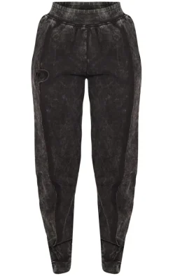 PrettyLittleThing Black Sweatsuits*Petite Acid Wash Seam Detail Cuffed Sweatpants