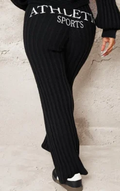 Sale PrettyLittleThing Petite Athletic Sport Embroidered Knit Flared Pants Black