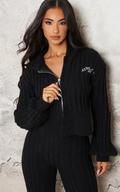 New PrettyLittleThing Petite Athletic Sport Embroidered Knit Zip Up Cropped Cardigan Black