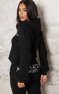 New PrettyLittleThing Petite Athletic Sport Embroidered Knit Zip Up Cropped Cardigan Black