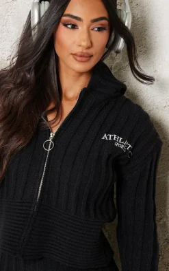 New PrettyLittleThing Petite Athletic Sport Embroidered Knit Zip Up Cropped Cardigan Black