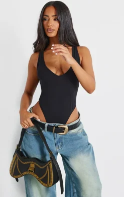 PrettyLittleThing Sleeveless Tops*Petite Basic Cotton Blend Plunge Sleeveless Bodysuit