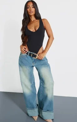 PrettyLittleThing Sleeveless Tops*Petite Basic Cotton Blend Plunge Sleeveless Bodysuit