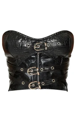 Hot PrettyLittleThing Petite Belt Detail Croc Faux Leather Bandeau Top Black