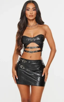 Outlet PrettyLittleThing Petite Belt Detail Croc Faux Leather Mini Skirt Black