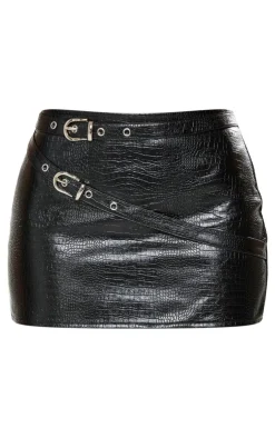 Outlet PrettyLittleThing Petite Belt Detail Croc Faux Leather Mini Skirt Black
