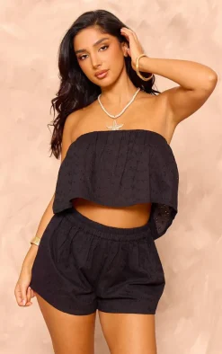 PrettyLittleThing Petite Broderie Bandeau Floaty Top Black