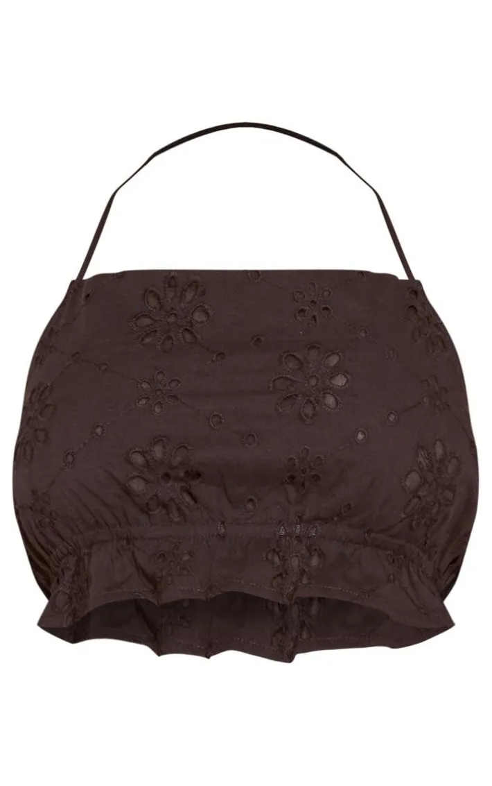 Petite Black Broderie Halterneck Crop Top