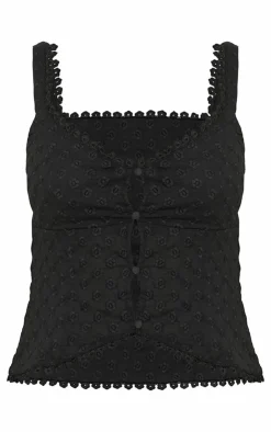 Best PrettyLittleThing Petite Broderie Trim Detail Fitted Top Black