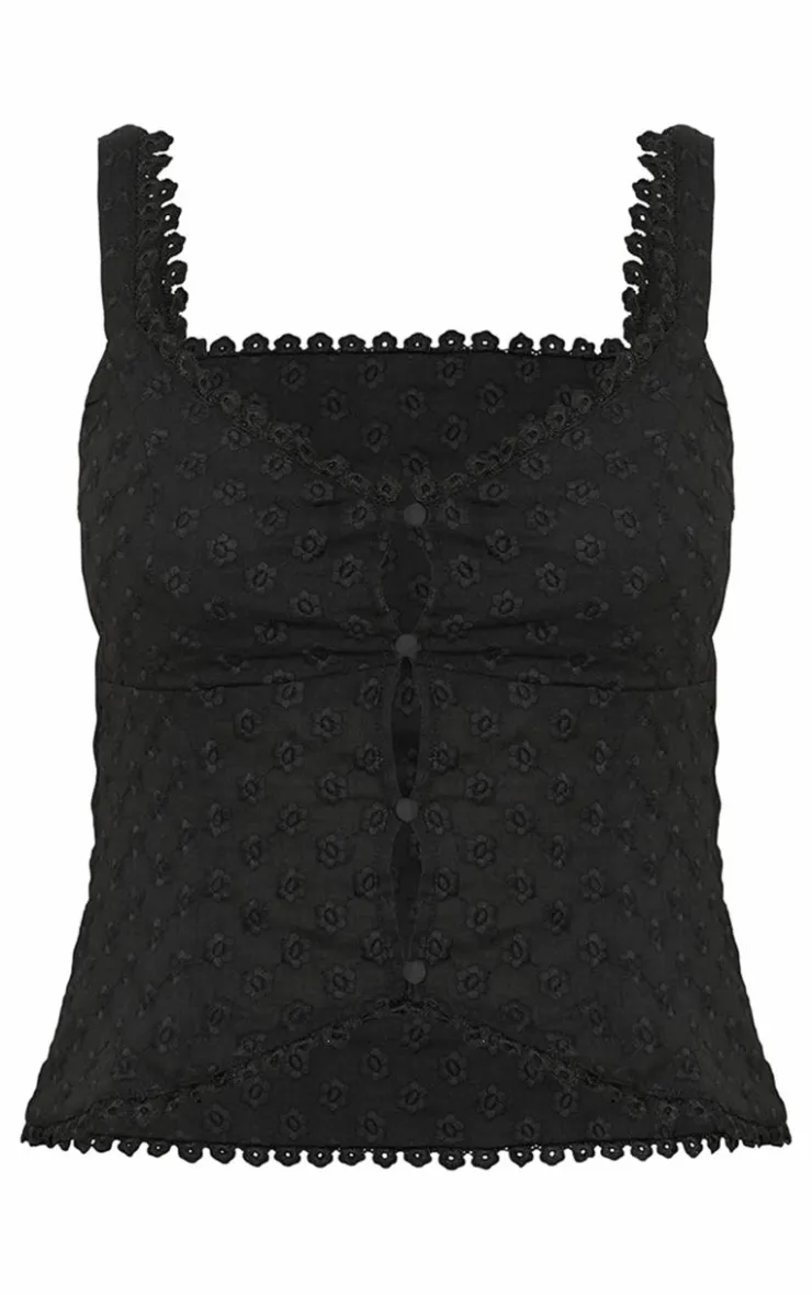 Best PrettyLittleThing Petite Broderie Trim Detail Fitted Top Black