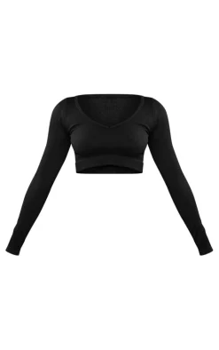 Sale PrettyLittleThing Petite Bubble Ribbed Contour Long Sleeve Crop Top Black