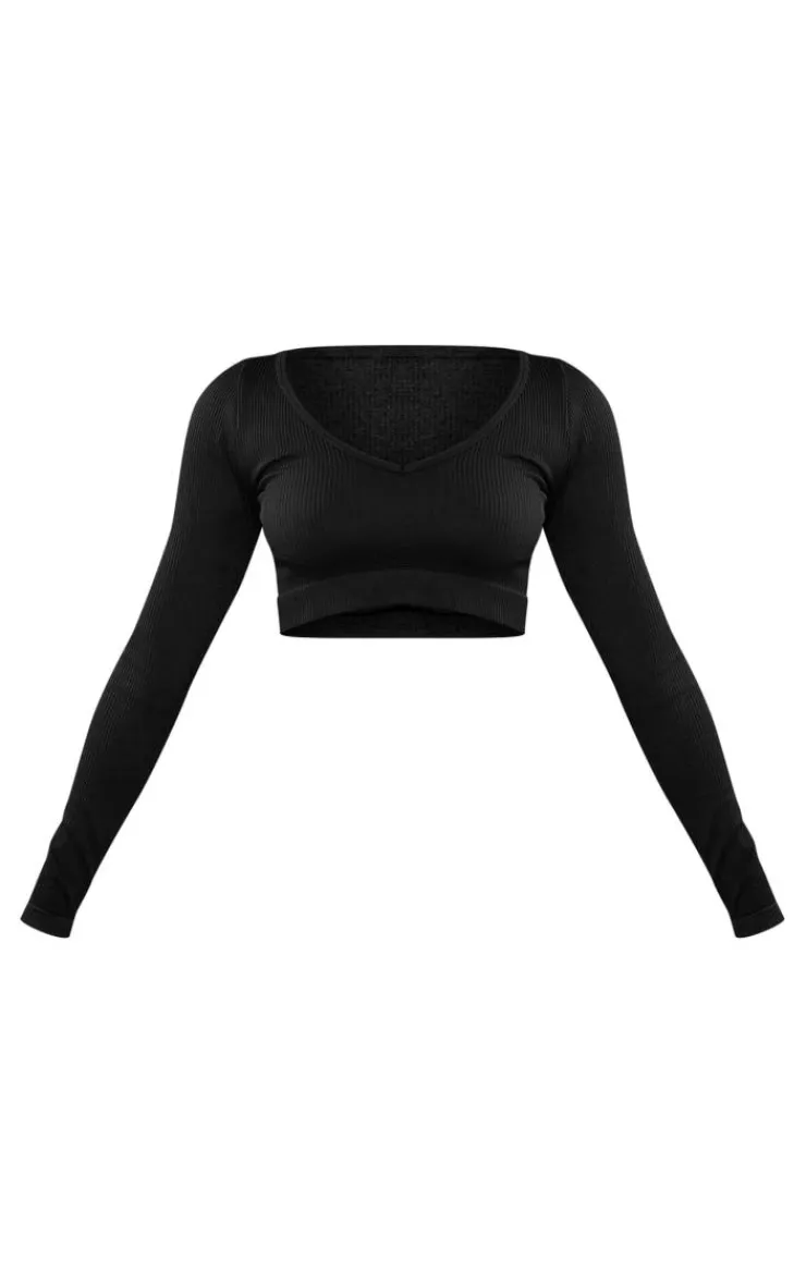 Sale PrettyLittleThing Petite Bubble Ribbed Contour Long Sleeve Crop Top Black