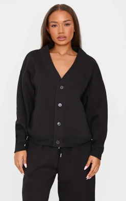 Discount PrettyLittleThing Petite Button Up Sweatshirt Black