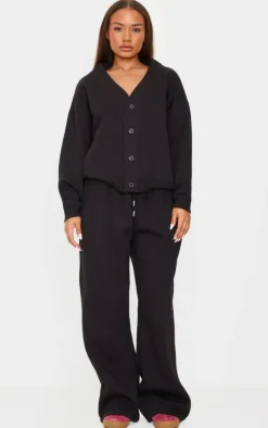 Discount PrettyLittleThing Petite Button Up Sweatshirt Black