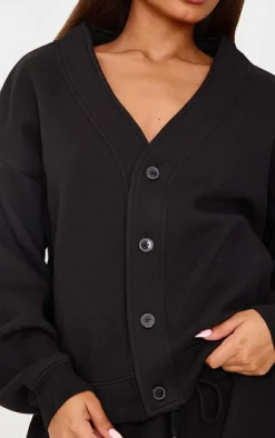 Discount PrettyLittleThing Petite Button Up Sweatshirt Black