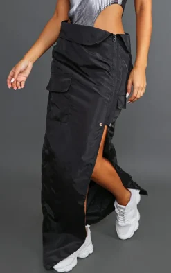 Petite Black Cargo Fold Over Waistband Midaxi Skirt