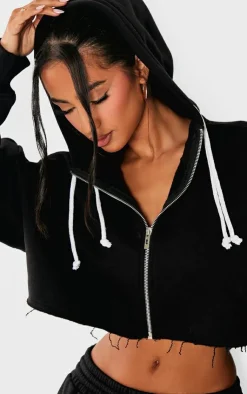 PrettyLittleThing Black Sweatsuits*Petite Contrast Drawstring Cropped Zip Up Hoodie