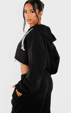 PrettyLittleThing Black Sweatsuits*Petite Contrast Drawstring Cropped Zip Up Hoodie