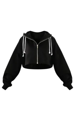 PrettyLittleThing Black Sweatsuits*Petite Contrast Drawstring Cropped Zip Up Hoodie