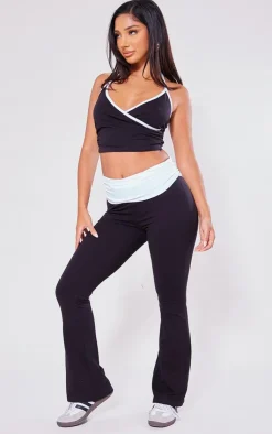 Clearance PrettyLittleThing Petite Contrast Fold Over Pants Black