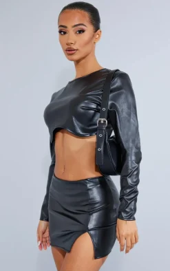 Hot PrettyLittleThing Petite Cracked Faux Leather Longsleeve Top Black