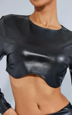 Hot PrettyLittleThing Petite Cracked Faux Leather Longsleeve Top Black