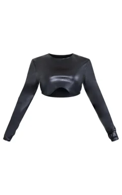 Hot PrettyLittleThing Petite Cracked Faux Leather Longsleeve Top Black