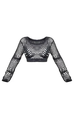 Best PrettyLittleThing Petite Crochet Long Sleeve Crop Top Black