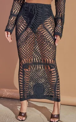 New PrettyLittleThing Petite Crochet Midi Skirt Black