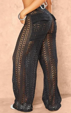 Petite Black Crochet Wide Leg Pants
