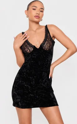 Petite Crushed Velvet Lace Detail Mini Dress-PrettyLittleThing Outlet