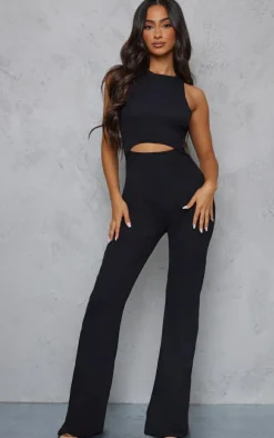 Petite Black Cut Out Rib Wide Leg Jumpsuit