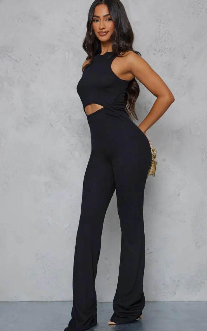 Petite Black Cut Out Rib Wide Leg Jumpsuit