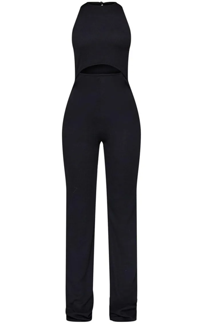 Petite Black Cut Out Rib Wide Leg Jumpsuit
